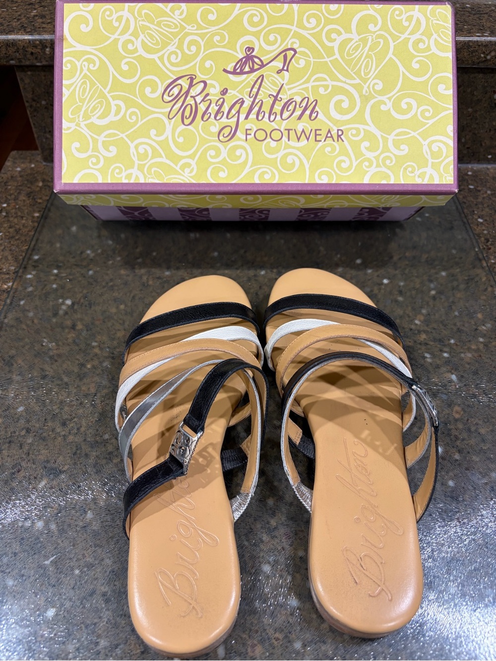 Brighton Black, Silver and Tan Multi-Strap Slide Sandals